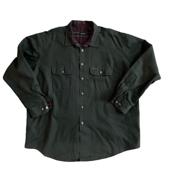 Vintage IZOD Men’s XL Button Down Long Sleeve Shirt Shacket Green Flannel Lining - Picture 3 of 12